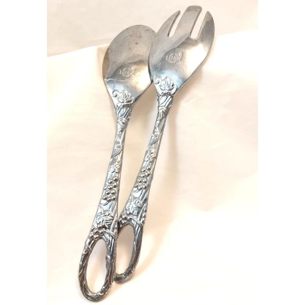 Vintage Lenox Salad Spoon Fork Server Set Aluminum Grapes Leaves 11.5”